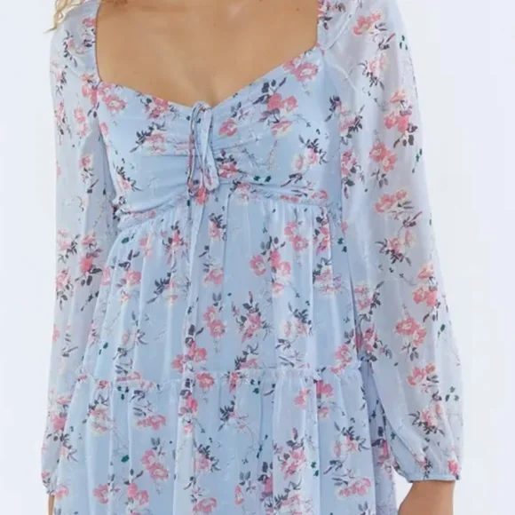 F21 Floral Print Long Sleeve Milkmaid Mini Dress Baby Blue / L/G  BNWT - Picture 4 of 4